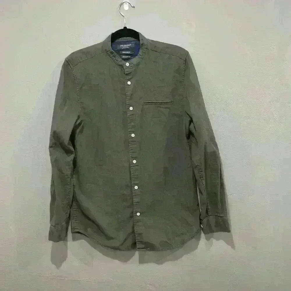 Primark 100% cotton army green button down shirt size medium